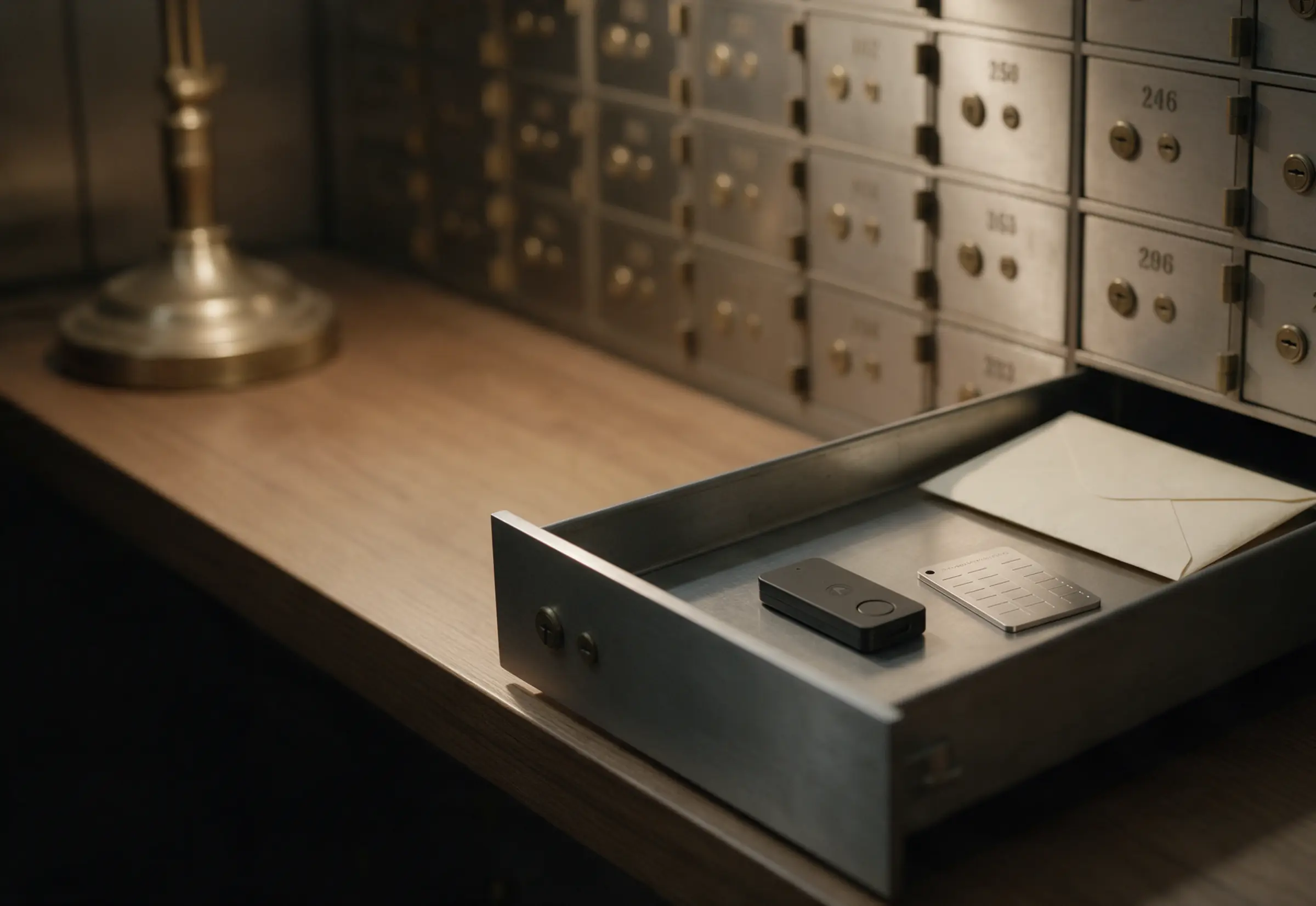 Eine geöffnete Schließfach-Lade im Banktresor, darin eine Hardware-Wallet, eine Seed-Plate aus Stahl und ein Kuvert